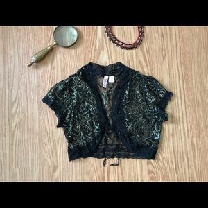 Lace shimmer capelet cardigan Large black metallic